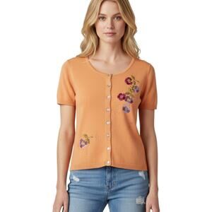 La Coquette Womens Cardigan Top Floral Knit Y2K Embroidered Boho Cottage Sz Med